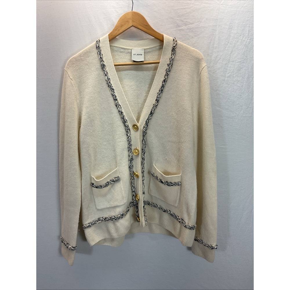 St. John Knit Cream Blue Tweed Trim Gold Button Up Cardigan L Wool Cashmere Blnd